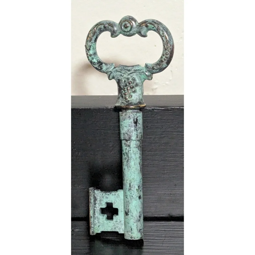 Vintage 1970s Brass Skeleton Key Corkscrew and Bottle Opener Heavily Oxidized‎